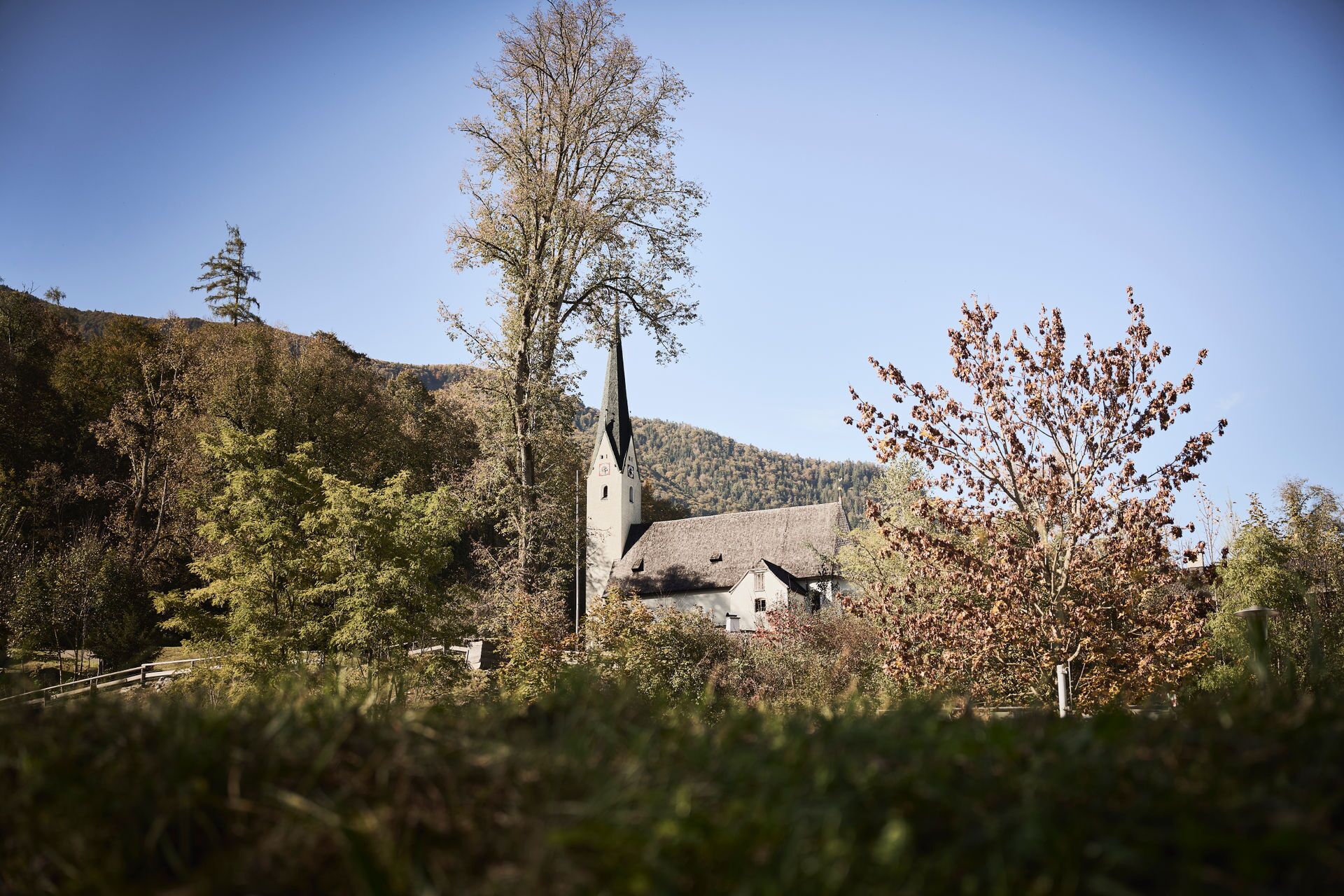 A church with a tall steeple, surrounded by trees and a hilly landscape.