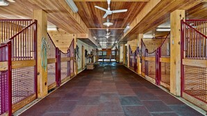 A long, narrow hallway with wooden walls and metal gates, leading to multiple stables.