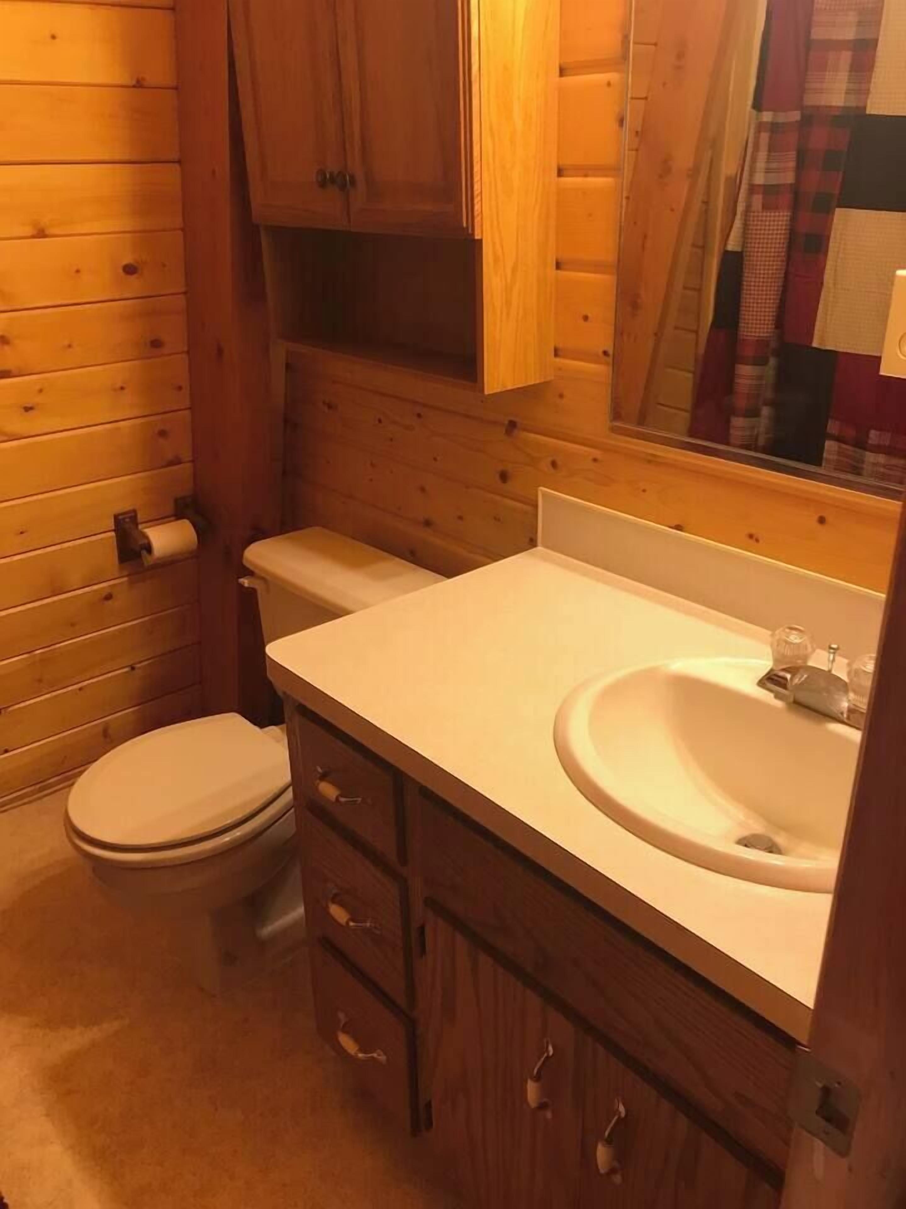 A wooden cabin-style bathroom with a toilet, sink, and mirror.