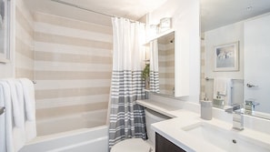Hair dryer, towels, soap, shampoo