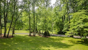 A park with a paved path, lush green grass, and tall trees.
