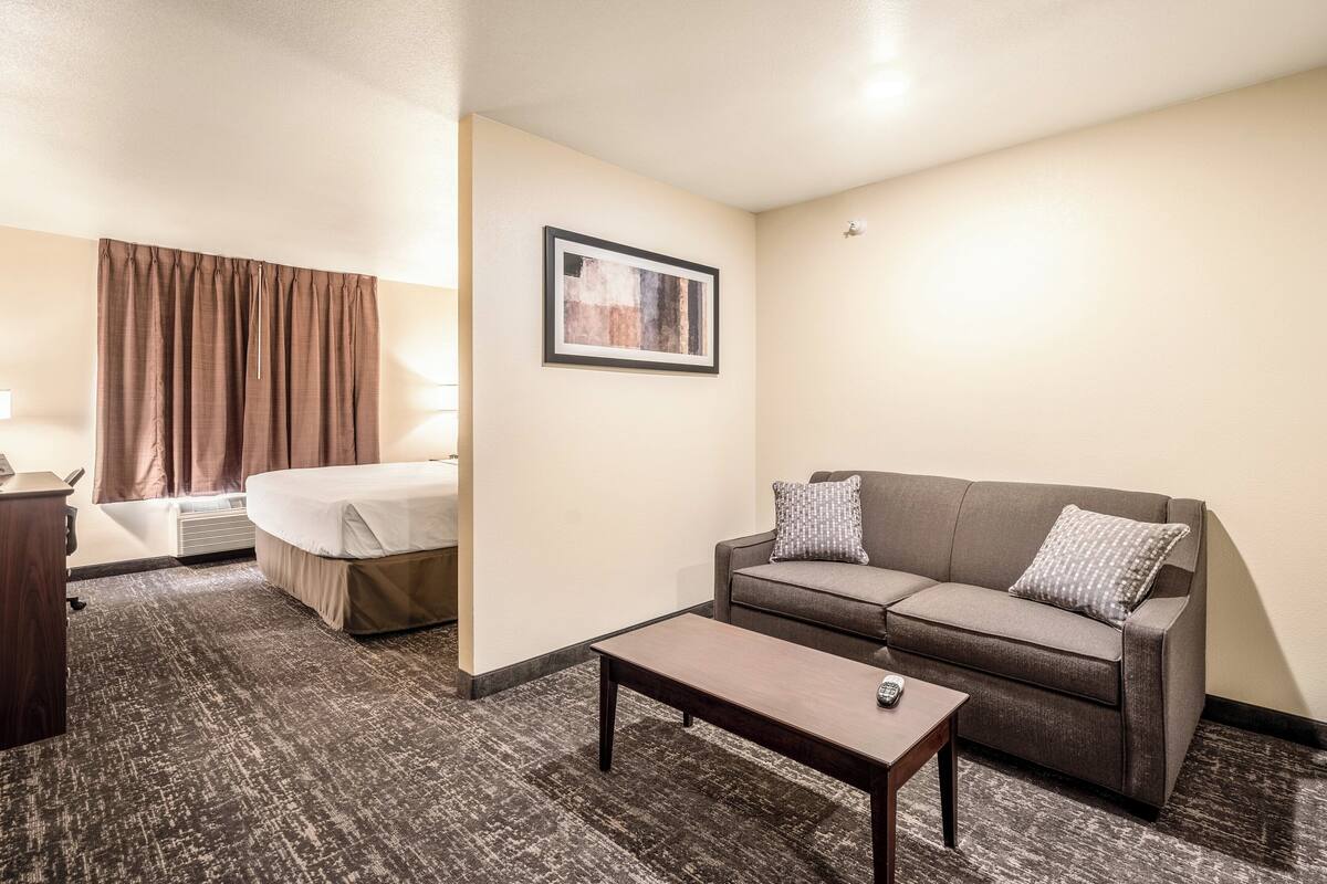 A hotel room with a bed, a sofa, a small table, and a framed picture on the wall.