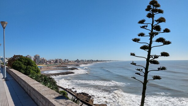 A coastal promenade with a view of the sea and a city skyline in the background. - Edificio Único (Mar del Plata)
