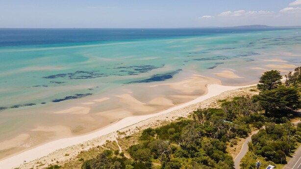 Un paysage côtier caractérisé par une plage de sable, des eaux turquoise et limpides, et une végétation luxuriante.