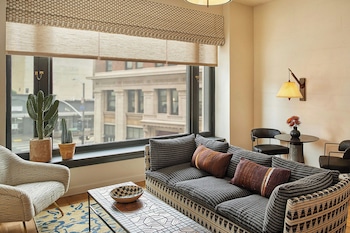 Frette Italian sheets, premium bedding, pillowtop beds, minibar at Downtown Los Angeles Proper Hotel, a Member of Design Hotels