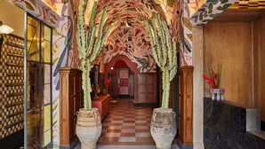 Un couloir doté d’un sol à carreaux, de grands vases contenant des cactus et d’une fresque représentant des oiseaux et du feuillage au plafond.
