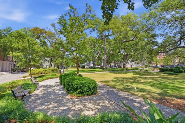 Un parc avec des bancs, un sentier et des arbres.