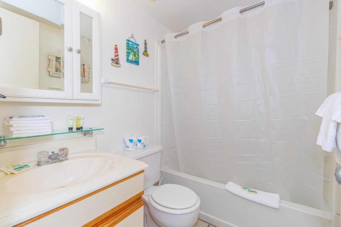 Combined shower/tub, hair dryer, towels, shampoo