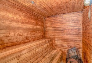 A sauna room with wooden walls and benches.