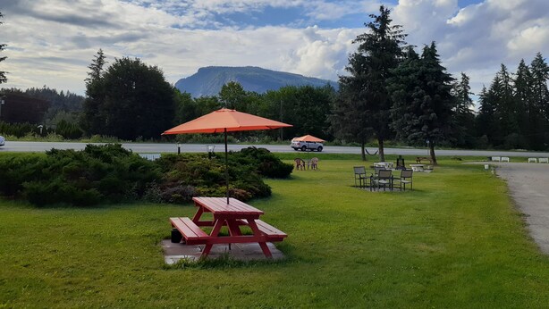 Zona de picnic con una mesa roja y una sombrilla, rodeada de vegetación y una montaña al fondo.