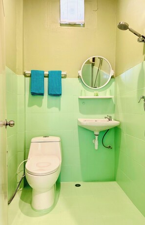 Shower, hydromassage showerhead, slippers, towels