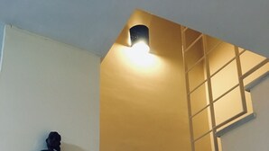 Una escalera con un accesorio de iluminación en la parte superior y dos esculturas en la pared.