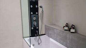 Combined shower/tub, hair dryer, towels, shampoo