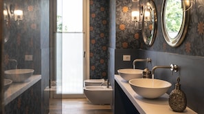 Shower, hair dryer, bidet, towels