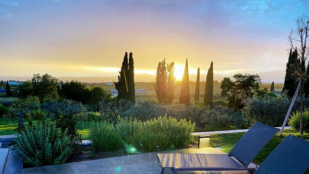 A terrace with lounge chairs, a view of the sunset, and surrounding greenery.