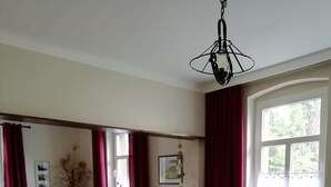 Un saló amb un sofà, cadires, una taula de centre, una llar de foc i una finestra amb cortines.