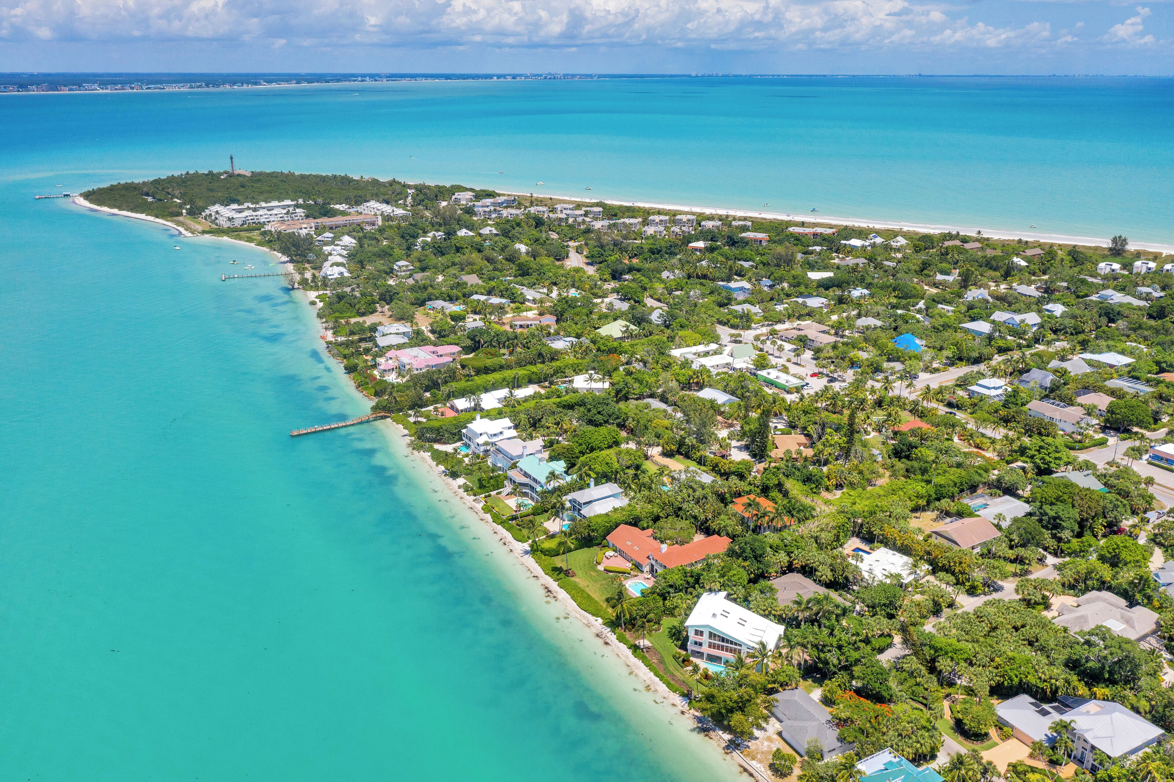 An aerial view of a coastal residential area with houses, a pier, and a beach.