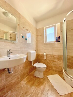 Shower, hair dryer, towels