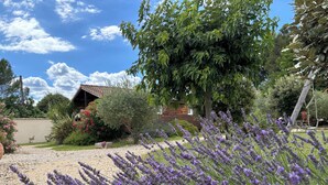 A garden with lavender, a wooden house, and a tree. - Lovely chalet in Ruoms, pool, Via Ardèche, air-conditioned, 10 min from Vallon (Ruoms)