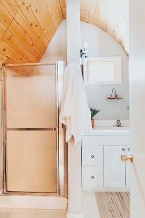 Stall shower in the upstairs bathroom - The Fox A-Frame | An Intimate Mountain Retreat (Blue River)