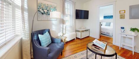 1 bedroom, desk, iron/ironing board, travel cot