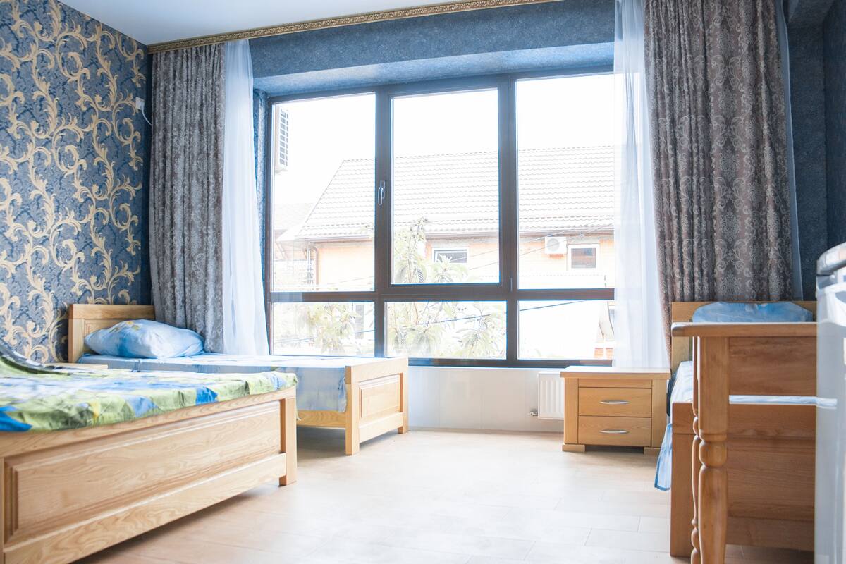 Individually furnished, desk, laptop workspace, blackout curtains