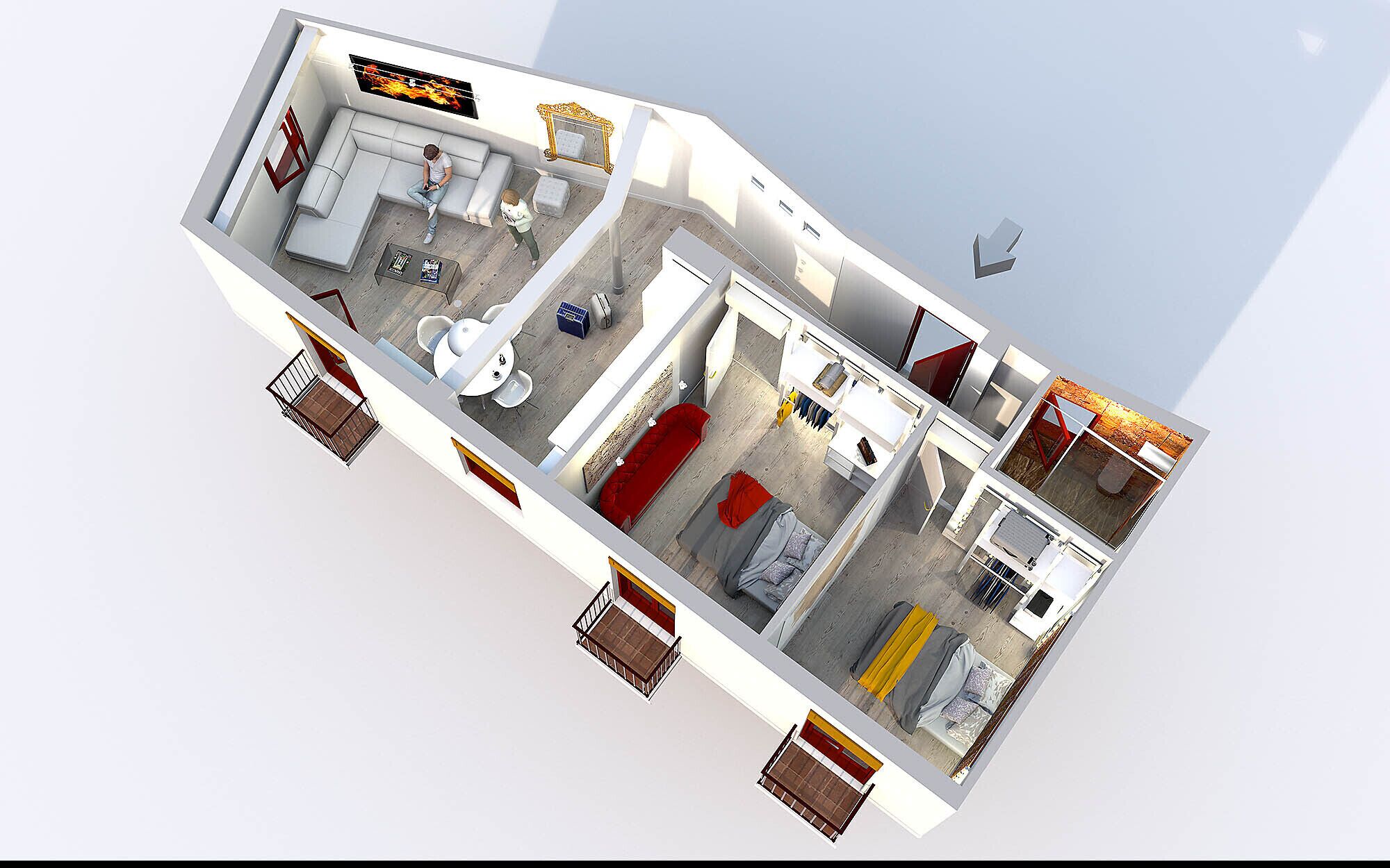 Un plan d’étage en 3D d’un hôtel moderne comprenant un espace de vie, un coin repas et une chambre.