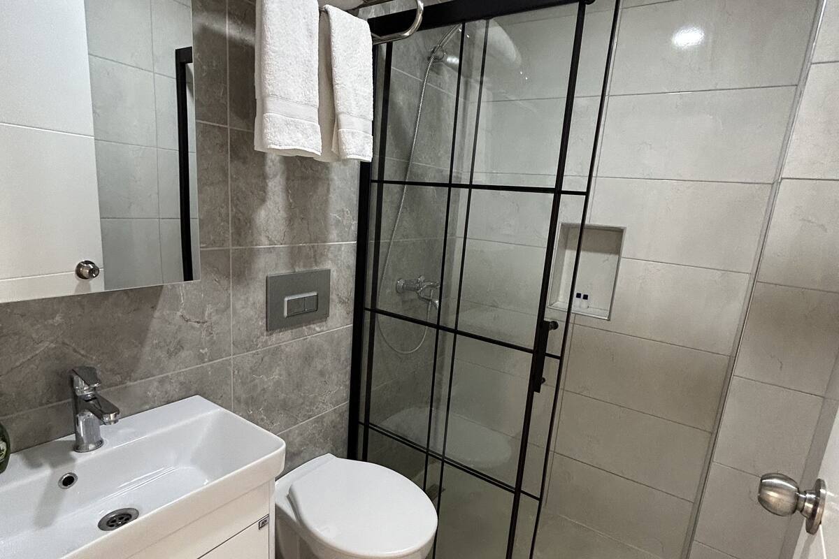 A modern bathroom with a glass-enclosed shower, a white sink, and a toilet.