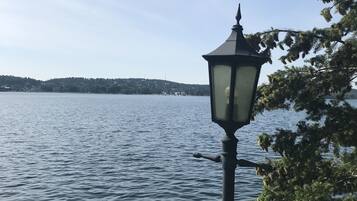 A lamp post by a lake with a clear view of the water and distant land.