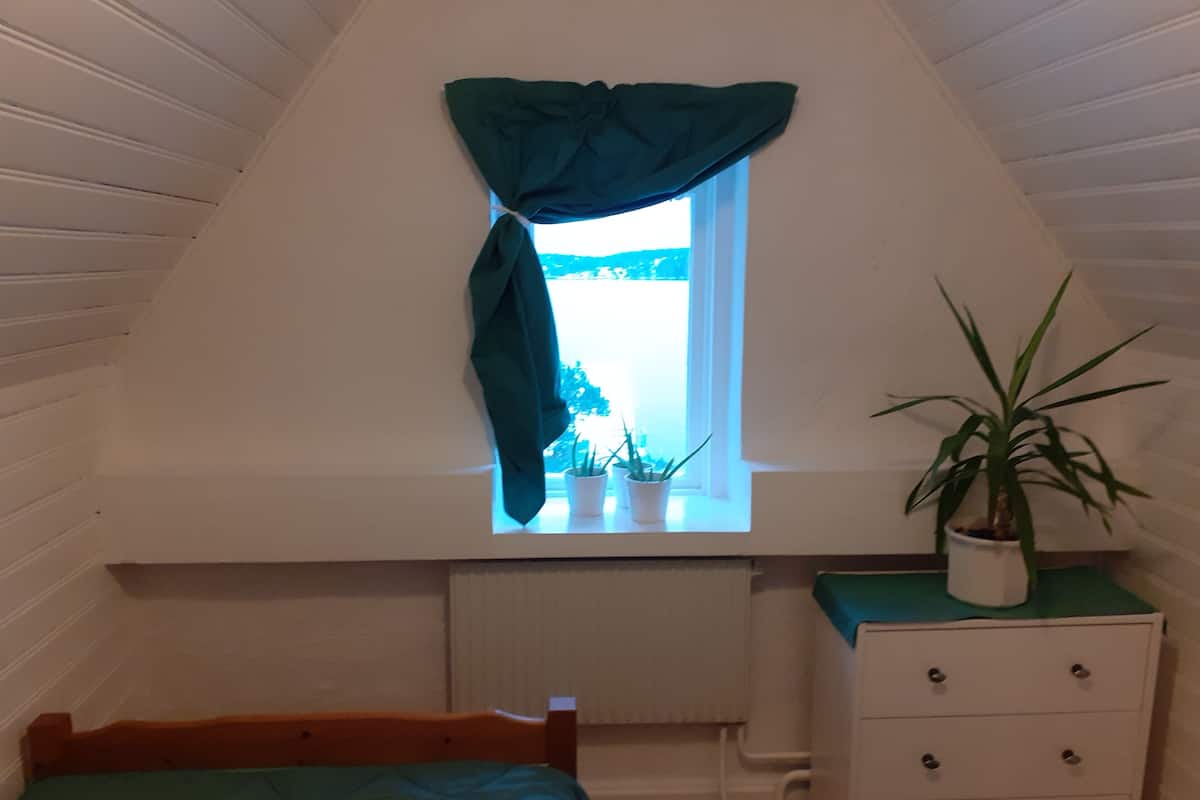 Una habitación pequeña con techo inclinado, una cama individual, un aparador, una ventana con cortinas y una planta en maceta.