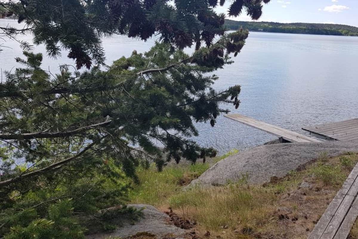 Un muelle de madera se extiende sobre un lago tranquilo, rodeado de árboles y terreno rocoso.