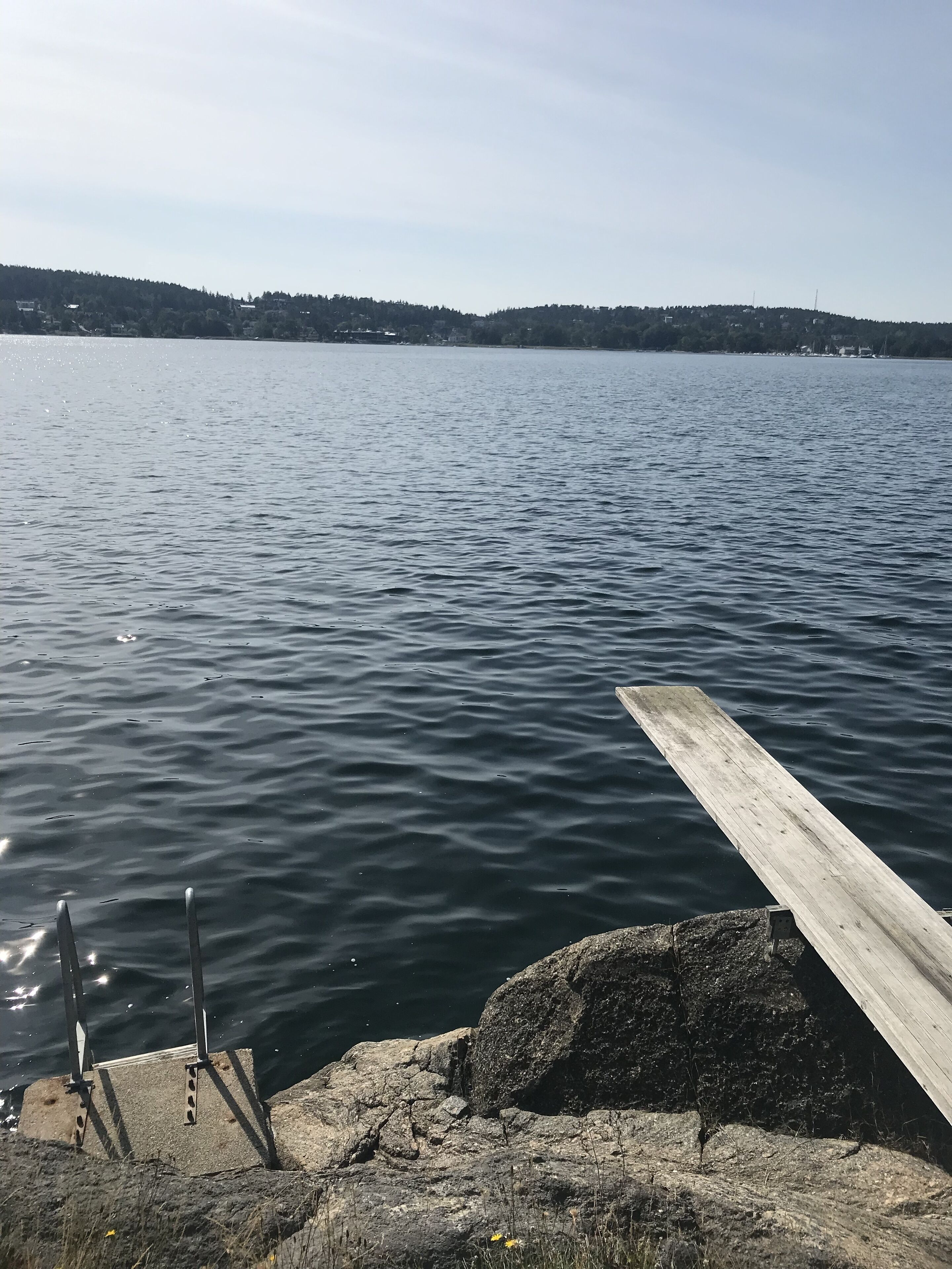 A wooden dock extending into calm water with a rocky shoreline and distant hills.