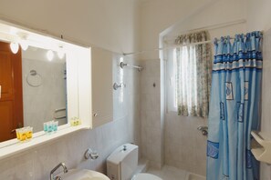 Hair dryer, towels, soap, shampoo
