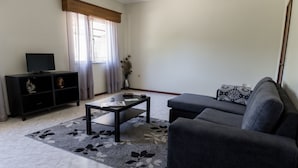 Ein Wohnzimmer mit einer Couch, einem Couchtisch, einem Fernseher auf einem Schrank und einer dekorativen Vase.