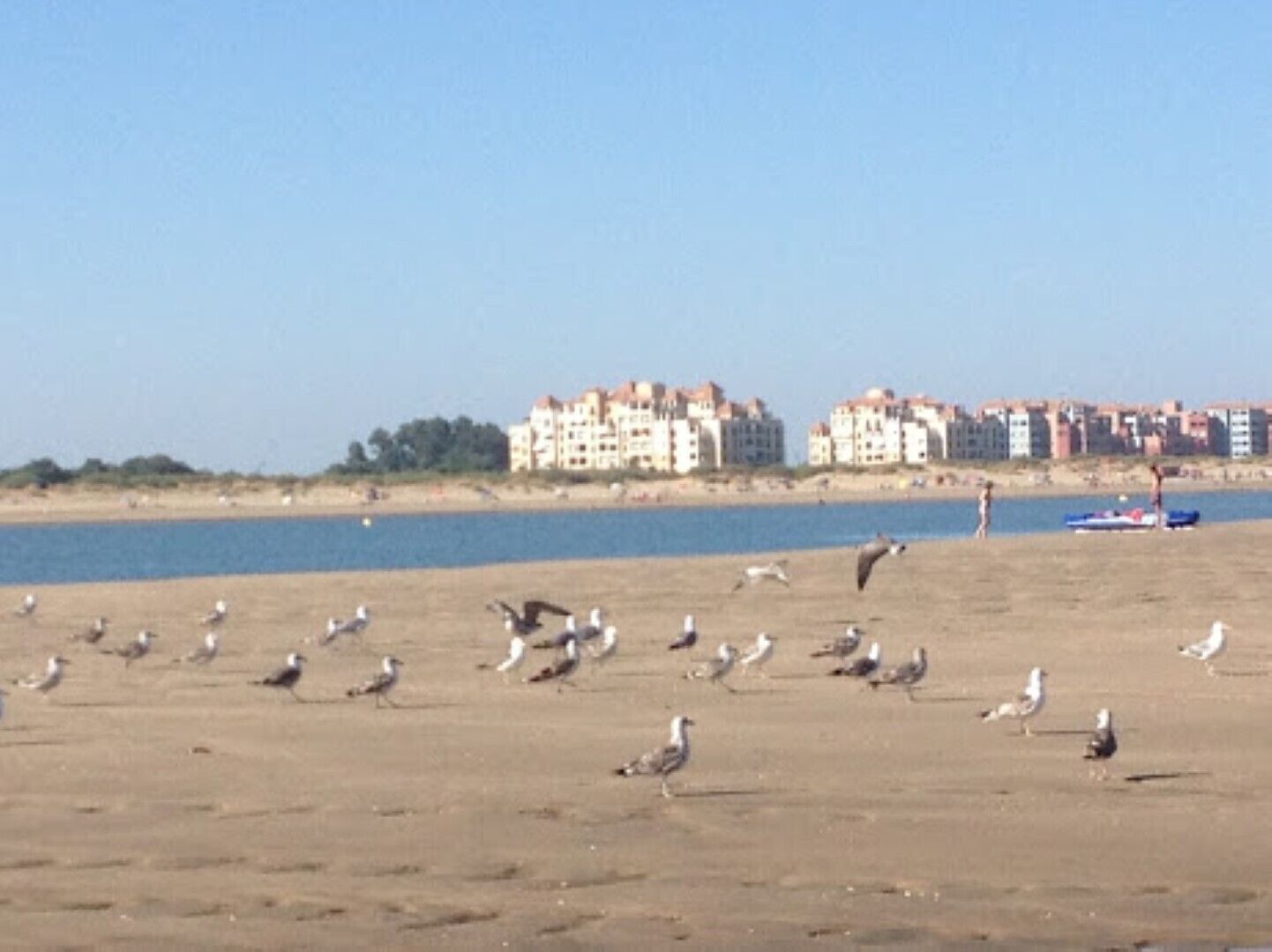 A beach with buildings in the background and a boat on the water.
