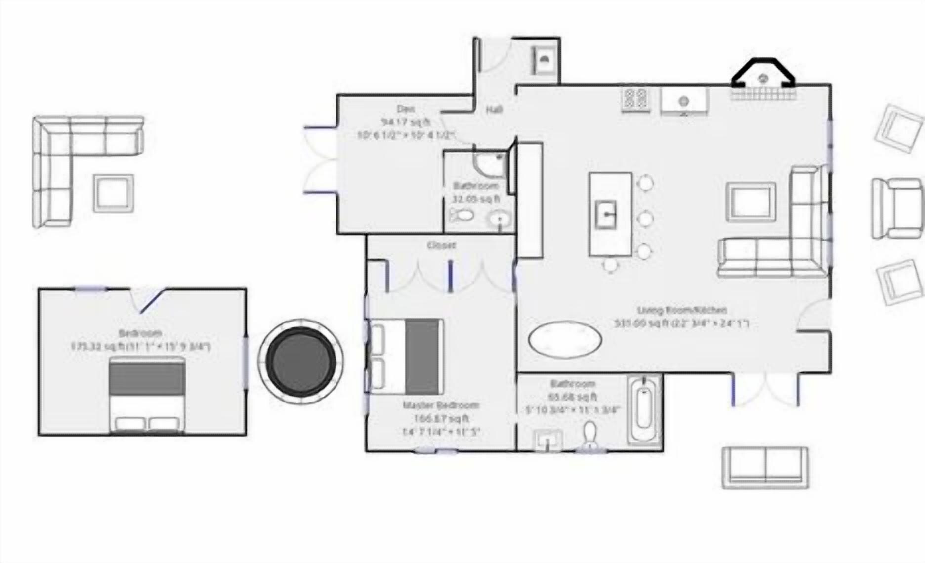 Plano de planta de una habitación de hotel con sala de estar/cocina, dormitorio principal, baño y un armario pequeño.