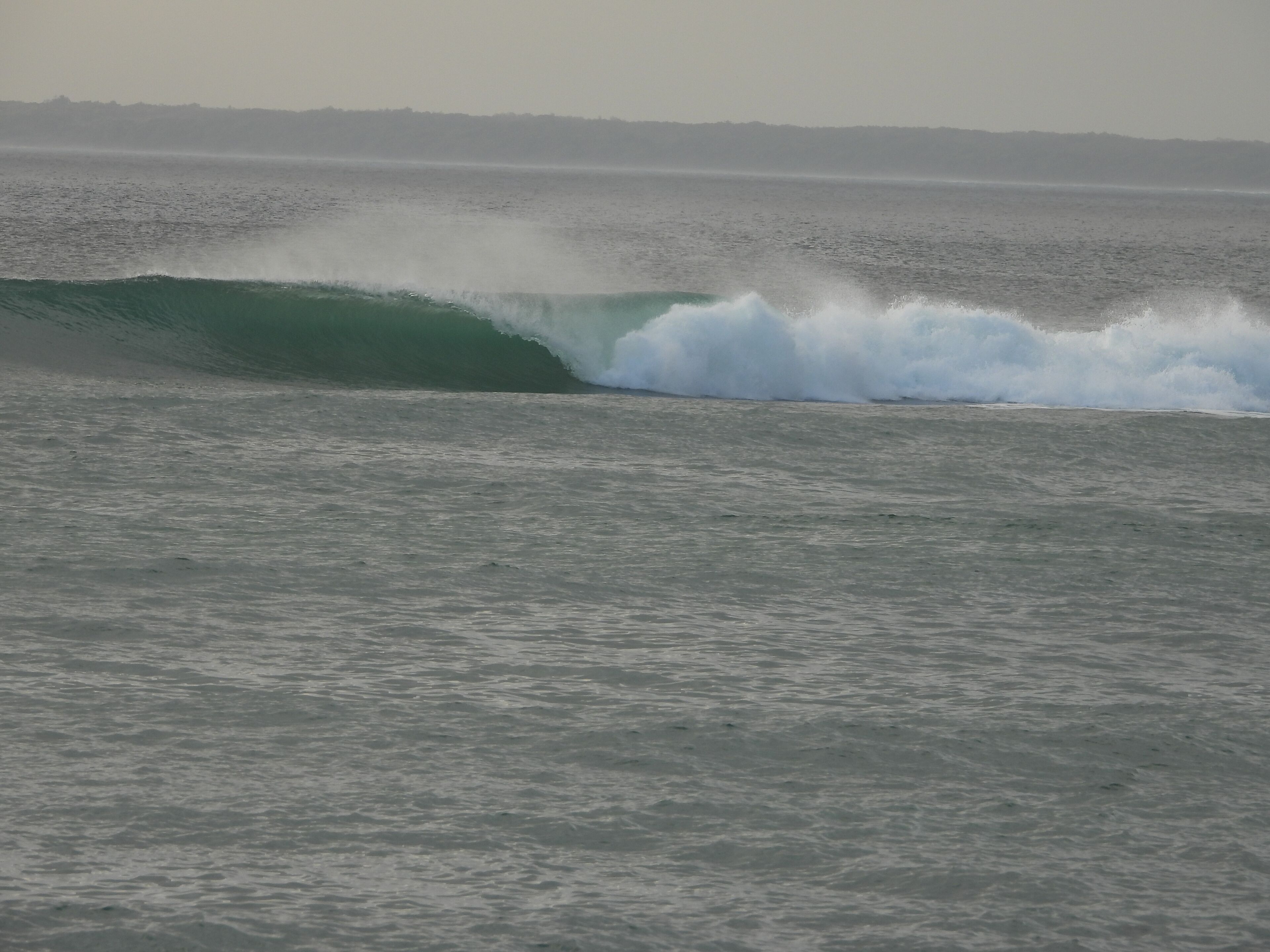 Une grande vague dans l’océan, avec une côte visible au loin.