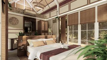 A bedroom with a large bed, a bedside table, a mirror, and a window with a view of trees.