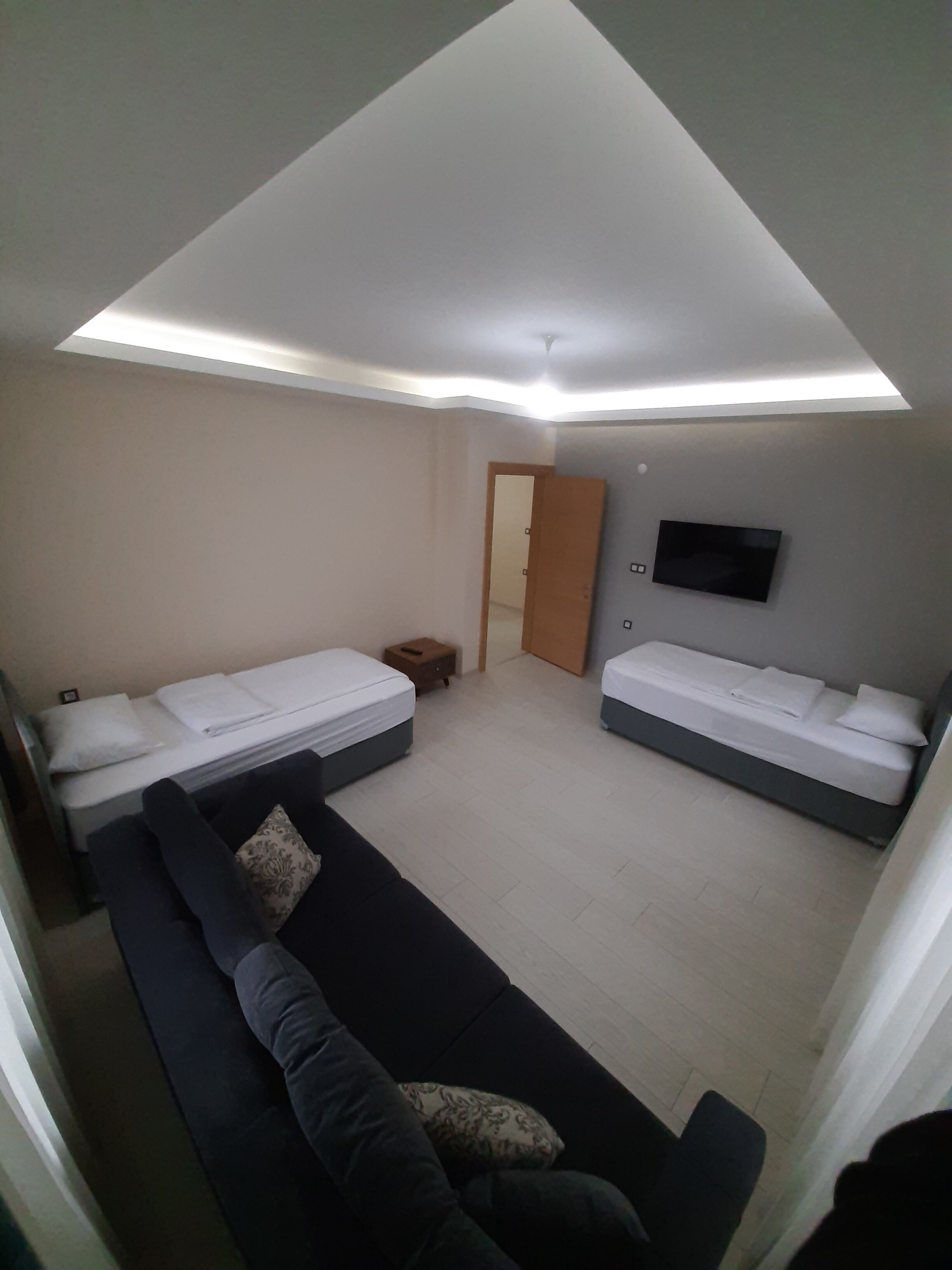 A small, modern room with two beds, a sofa, a TV, and a ceiling light.