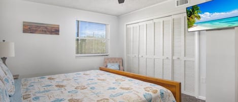 Une chambre à coucher avec un lit, un ventilateur de plafond, une fenêtre, un placard et un téléviseur diffusant une scène de plage.