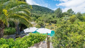 A lush outdoor area with a pool, surrounded by dense greenery and a mountain in the background. - CAN COMPANY - Villa with private pool in Campanet. Free WiFi (Campanet)