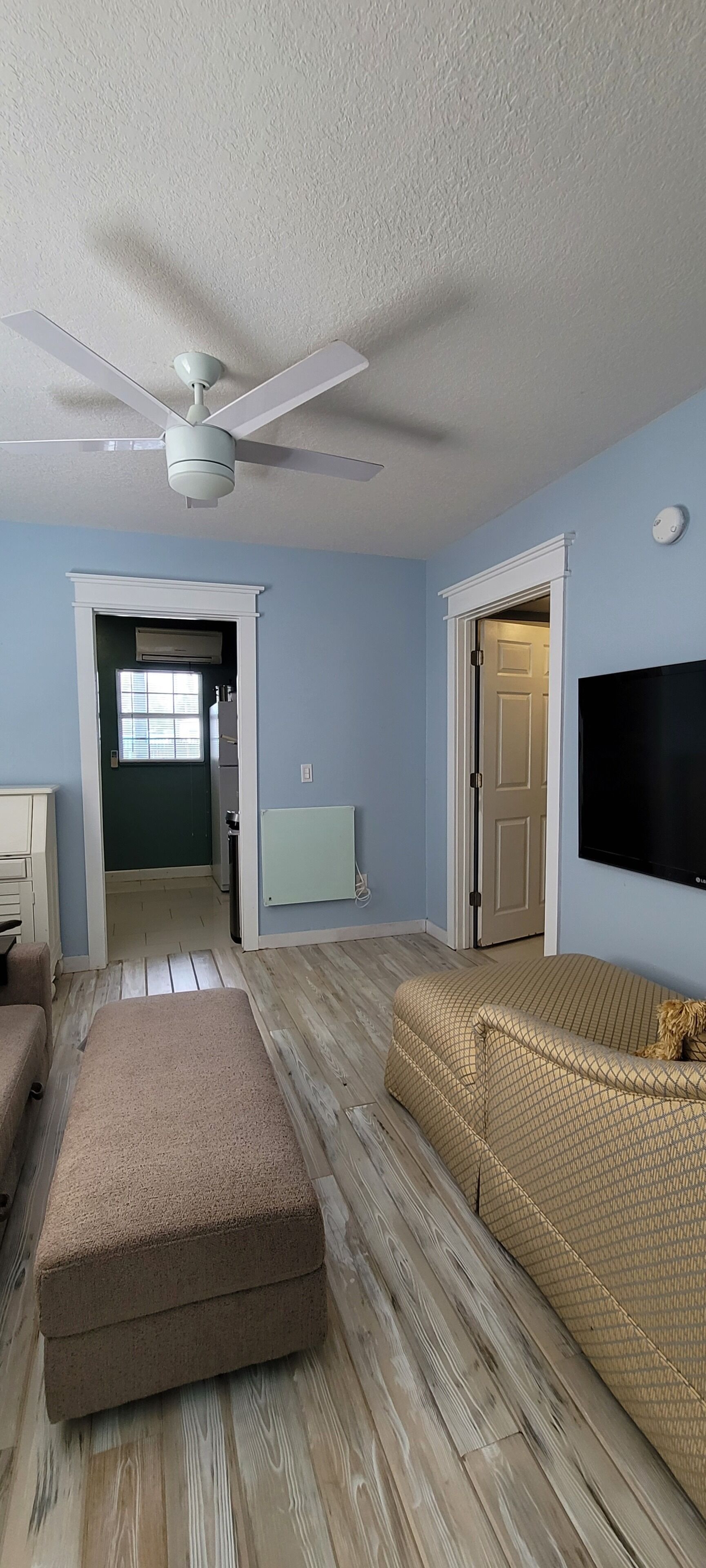 A living room with a ceiling fan, a sofa, a loveseat, a television, and a door leading to another room.