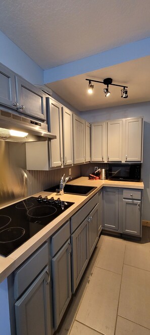 Fridge, microwave, oven, stovetop - Refugesea's Ancient City Sunshine Suite (Saint Augustine)