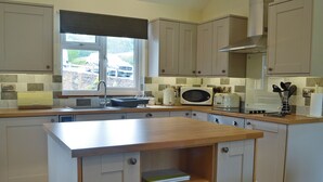 A kitchen with a built-in microwave, toaster, and sink. There is a window with a view of the outside. - Woodland Lodge - UK6651 (Hundred House, near Builth Wells)