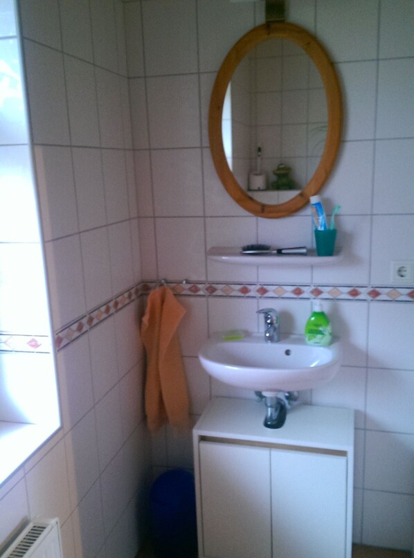 A bathroom with a white sink, a mirror, and a towel hanging on the wall. - Relax in the Hedgehog House in Jeddelo (Jeddeloh I)