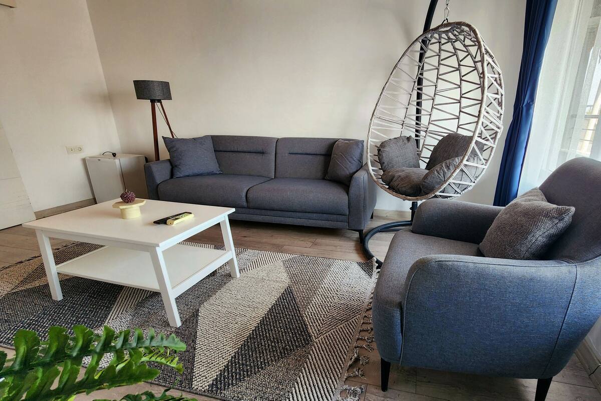 A modern living room with a grey sofa, a hanging chair, a white coffee table, and a patterned rug.