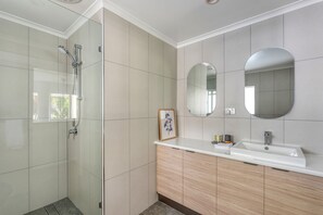 Shower, hair dryer, towels
