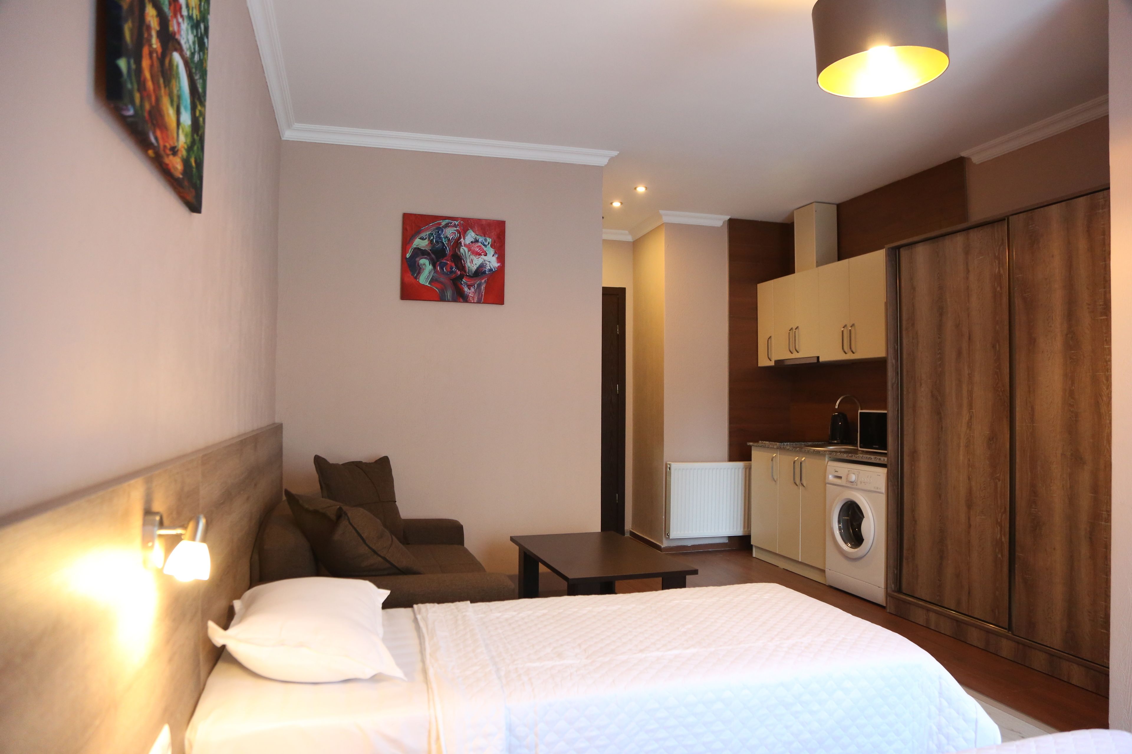 A bedroom with a bed, a nightstand, a chair, a desk, a painting on the wall, and a kitchen area with a washing machine.
