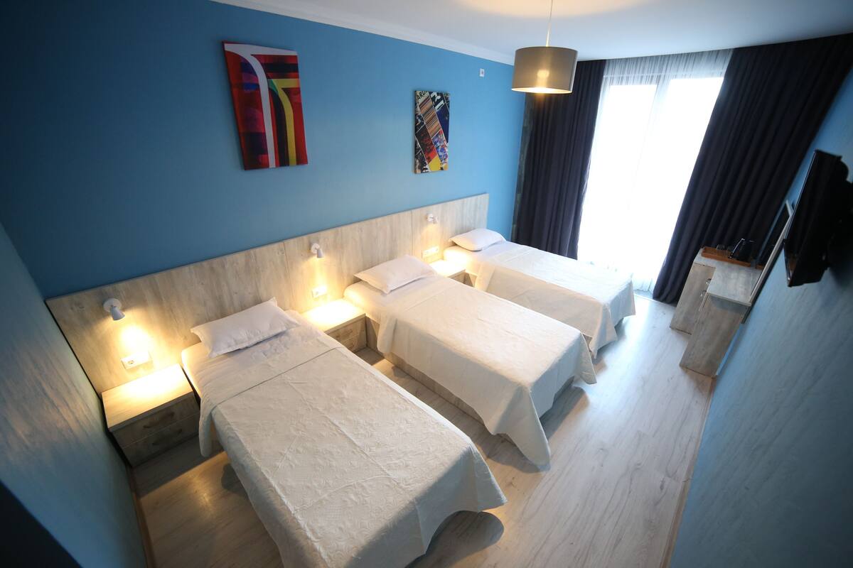Triple Room, 3 Twin Beds, City View | Living area | Flat-screen TV