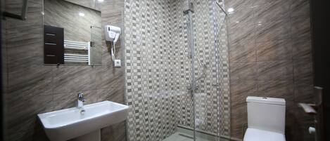 A modern bathroom with a glass-enclosed shower, a white sink, and a toilet.